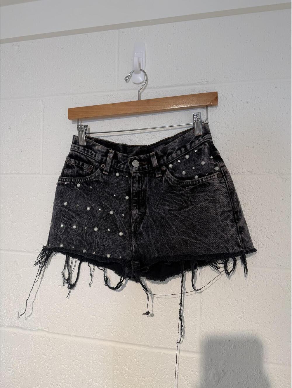 Vintage Distressed & Embellished Levi 517 Black Shorts